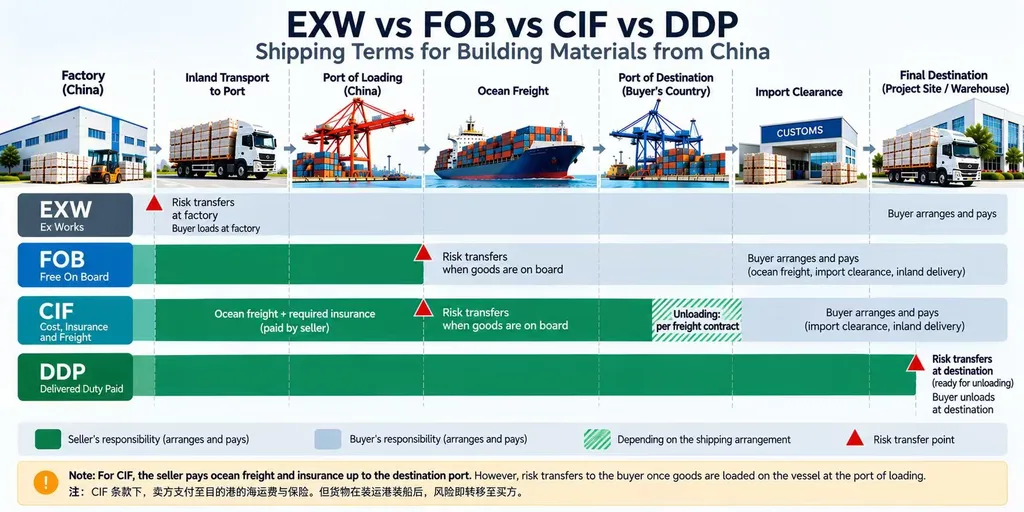 EXW vs FOB vs CIF vs DDP shipping terms comparison for building materials from China