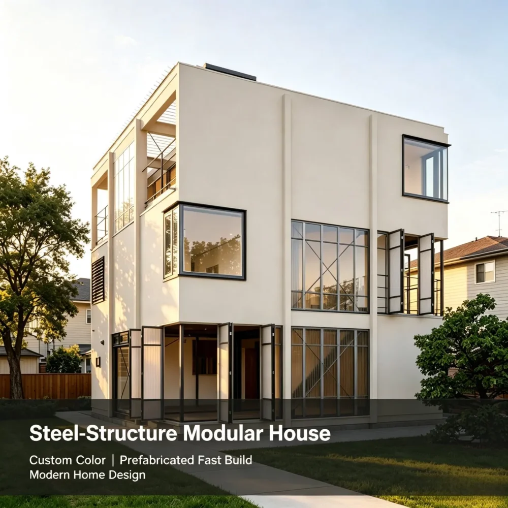 Custom-Smooth-Exterior-Heavy-Steel-Modular-House-Fast-Assembled-Prefabricated-Living-Home-for-Suburban-Family-Residence