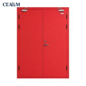 Red fire rated steel double door, fire resistance up to 1–3 hours. Equipped with fire hardware & panic exit device. Meet international fire safety standards
