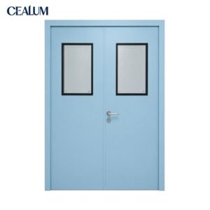 Light blue steel cleanroom double door with observation windows. Flat seamless surface, dust-proof, easy to disinfect. Suitable for hospital ward