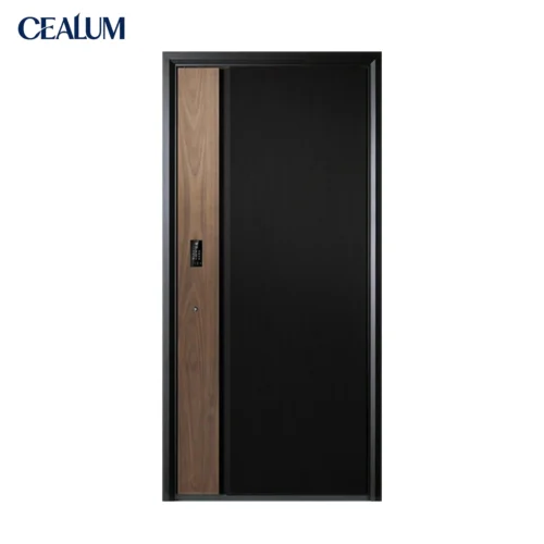 Modern Steel Security Door with Smart Lock | Black & Walnut Finish